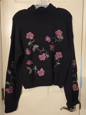 Alya Black Mock Neck Sweater with Pink Floral Embroidery